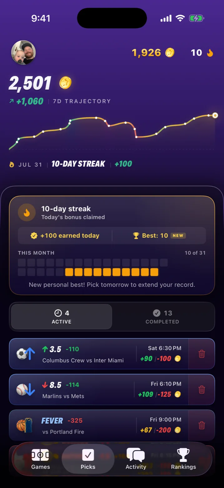 My Picks screen with token trajectory and streak