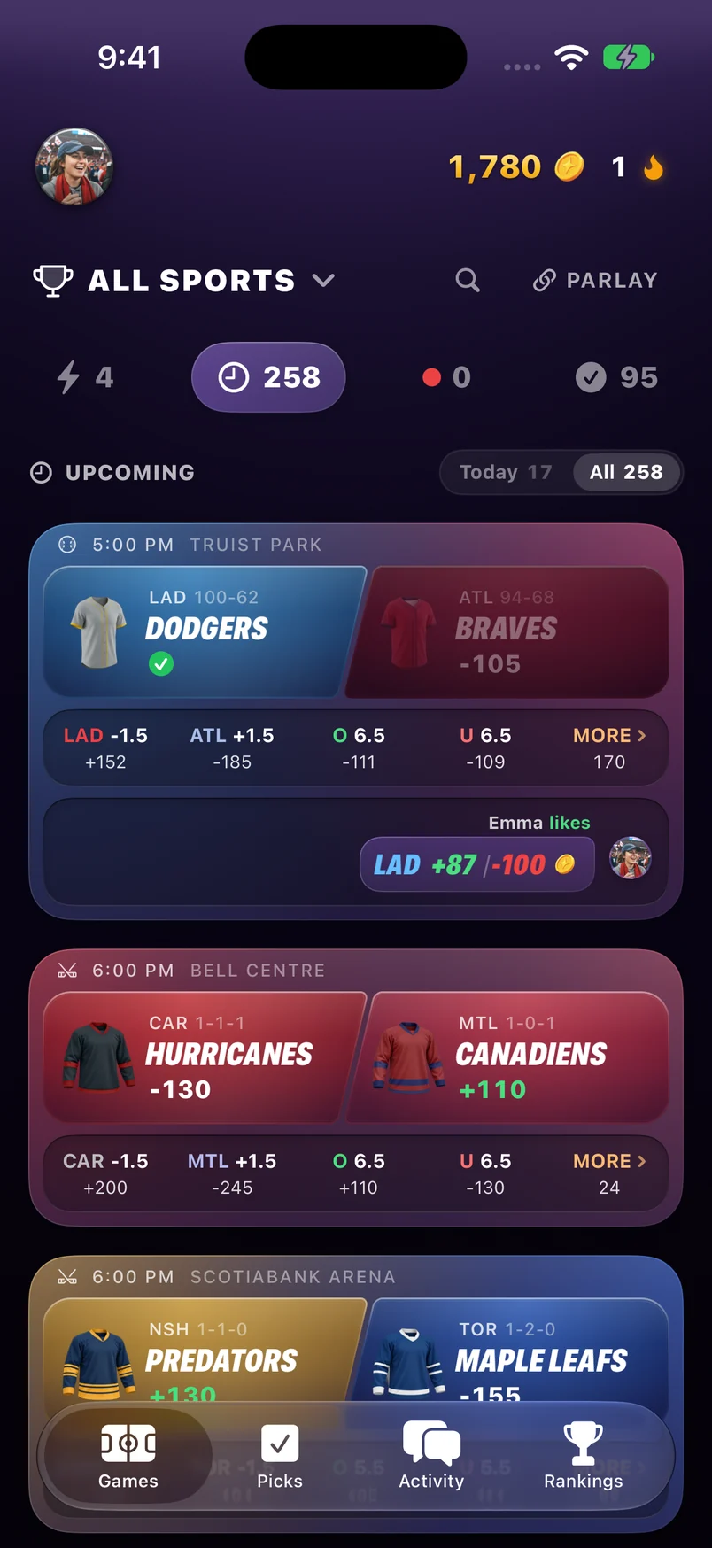 Upcoming games in Pick Party, with real odds and friends’ picks