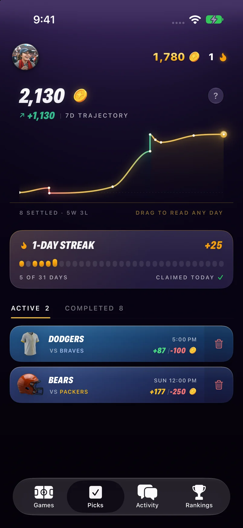 A picks trajectory chart showing the token balance across recent wins and losses